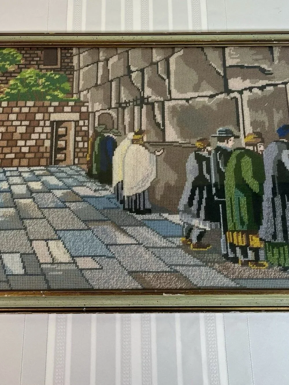 Vintage Needlepoint Jewish Wailing Wall Prayer Jerusalem Judaica Orthodox Framed
